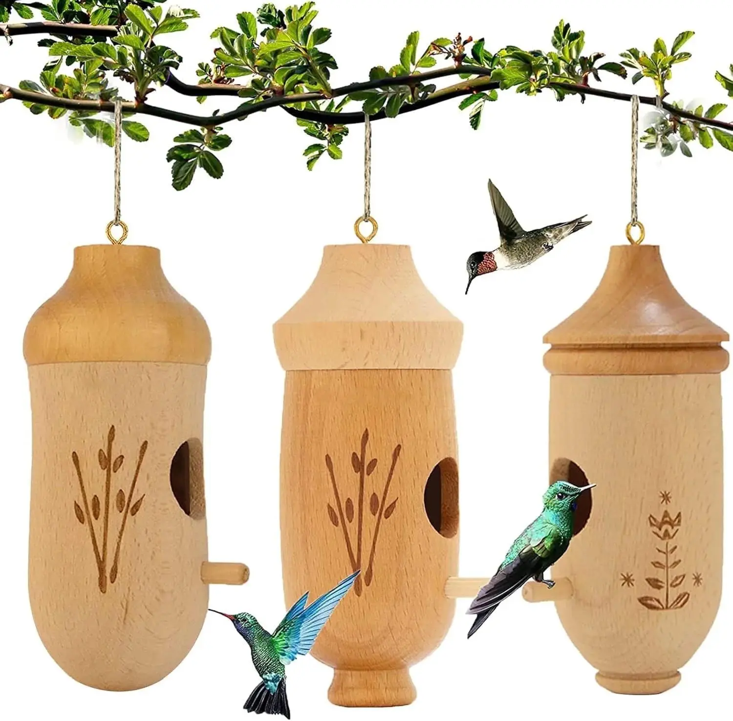 BEVTEE 3-Pack Natural Beech Wood Hummingbird House Set, Breathable Nature-Friendly Hanging Bird Accessory for Home Gardening Decoration, Attracts Birds