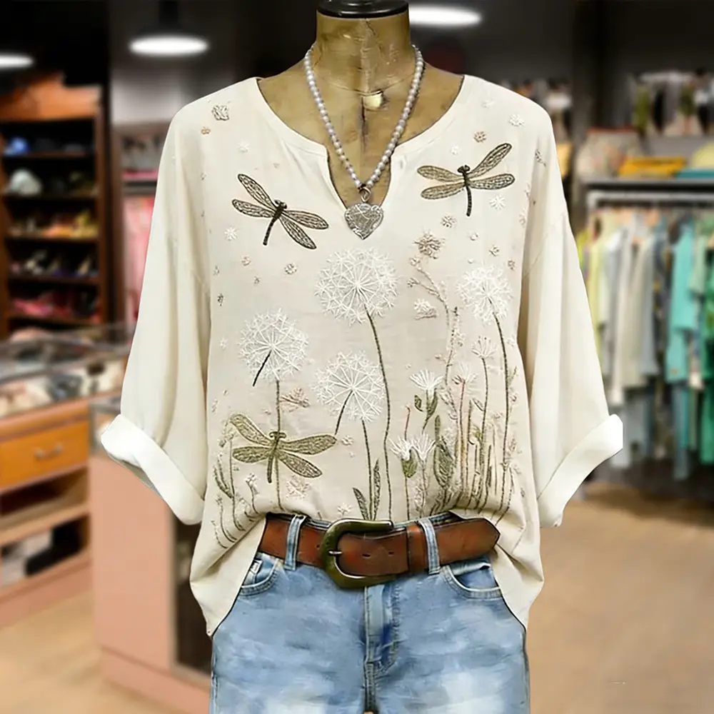 トップス vintage blouse Cherrybetty Vintage Floral Embroidered Notch Neck Half Sleeve