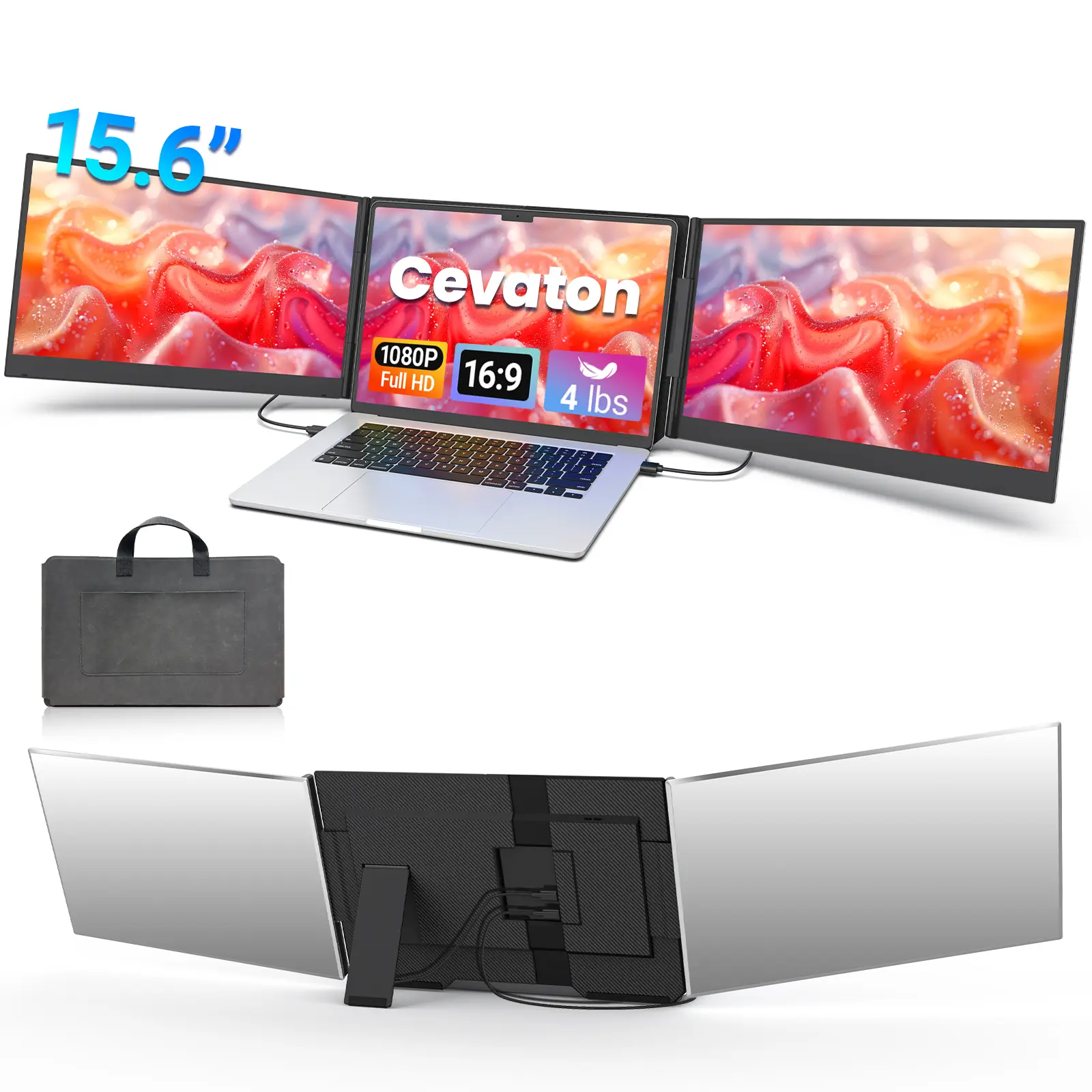 Cevaton 15.6" Dual Portable Monitor for Laptop, Freestanding Laptop Screen Extender, Dual Monitor Extender with No-Clamp Desktop Stand, 1080P FHD IPS, Rear Port Setup, USB-C/HDMI Connection, Monitor Only, Dual Video Output Required