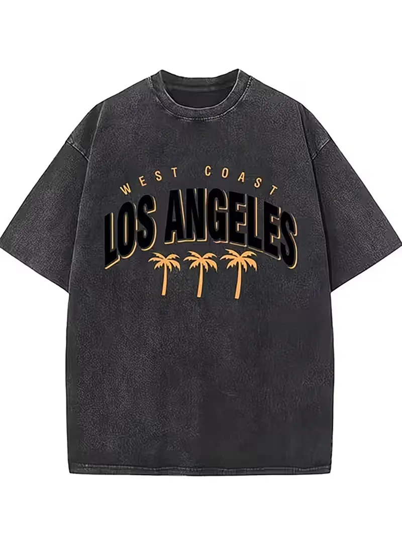 West Coast Los Angeles Palm Tree Vintage Arch Letter Deep Acid Washed Black Oversized West Coast California Unisex Short Sleeve T-Shirt