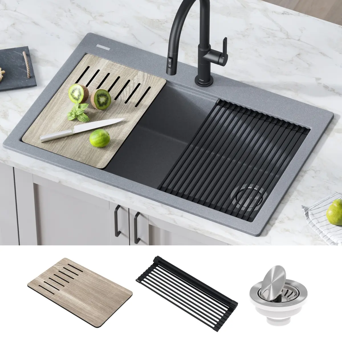 Kraus KGTW2-33MGR 33 in. Bellucci Workstation Drop-In Granite Composite Single Bowl Kitchen Sink with Accessories, Metallic Gray