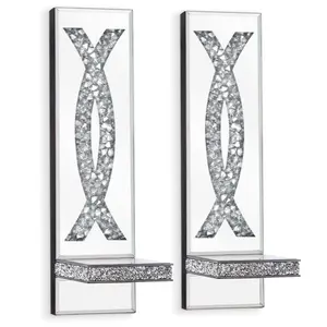 Crystal Crushed Diamond Mirrored Candle Sconces Set of 2 Silver Wall Mounted Mirror Candles Holder Home Decor