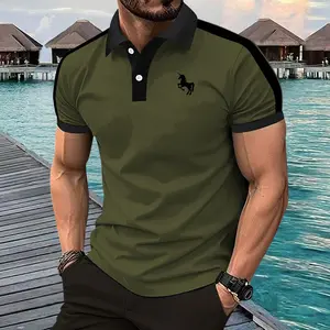 Trendy men's short-sleeved polo shirt, made of slightly stretchy polyester fabric, regular fit. This men's summer top features contrasting color panels and a classic collar, suitable for vacations, casual street style, and everyday wear.