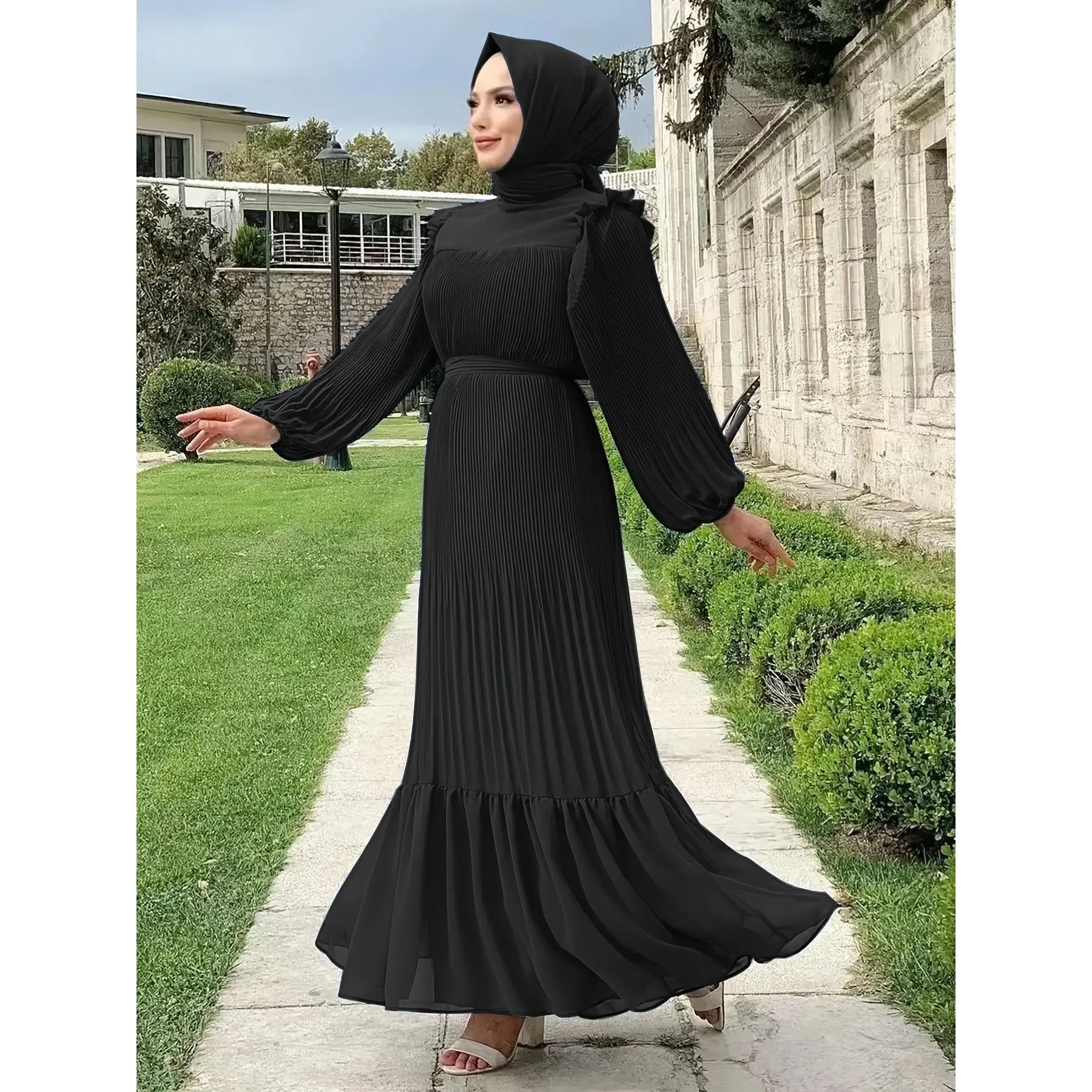 Ramadan Lantern Sleeve Pleated Kaftan Dress, Elegant Ruffle Trim Maxi Length Dress, Women's Clothing
