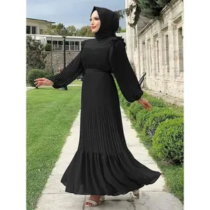 Ramadan Lantern Sleeve Pleated Kaftan Dress, Elegant Ruffle Trim Maxi Length Dress, Women's Clothing