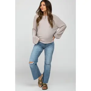 Blue Straight Leg Frayed Hem Maternity Jeans