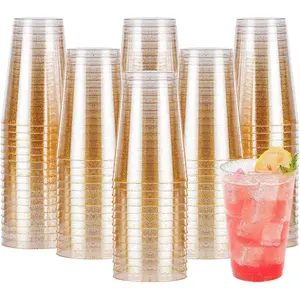 Goodluck 200PCS 14oz Glitter Gold Plastic Cups Disposable Cocktail Glasses for Weddings Parties Birthdays Thanksgiving & Anniversary Dazzling Appearance & Versatile Use