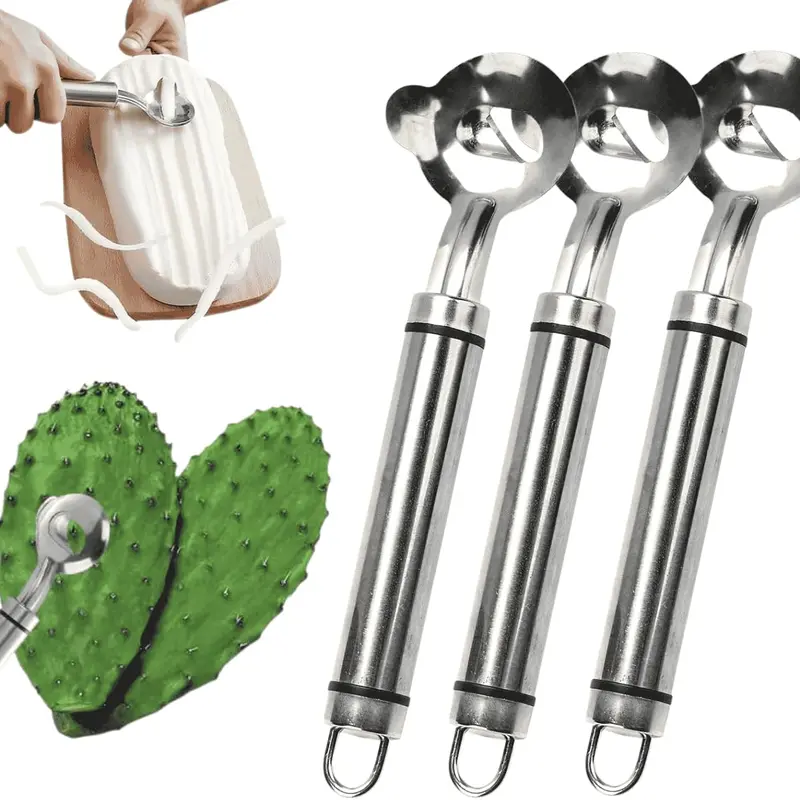 Home Master 3-Pack Stainless Steel Cactus Peeler Utensils Ergonomic Design for Peeling Nopales Thorn Removal Spoon Tool Portable Kitchen Accessory for Food Prep