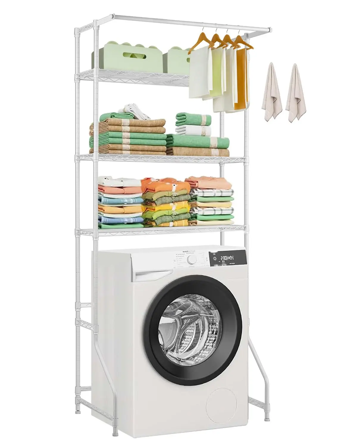 Over Washer And Dryer Storage Shelf, 3-Tier Laundry Room Organizer Rack With Hanger Rod And Hooks, Adjustable Over Washer And Dryer Shelves, Space-Saving Laundry Room Storage, White Finish, Durable Steel Wire Construction