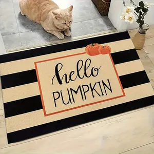 A Single Front Door Welcome Mat Featuring a Hello Pumpkin Design, Ideal for Farmhouse Aesthetics. This Indoor Mat Is Made of Flannel, Has a Non-Slip Soft Texture, And Is Suitable for Various Rooms Including The Bedroom, Living Room, Dining Room