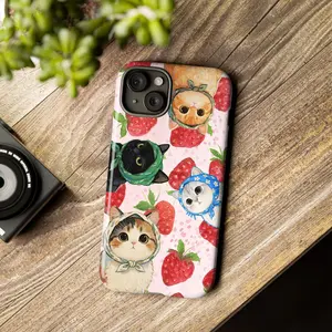 Strawberry Cat Phone Case Cute Aesthetic Cartoon Cat Design for iPhone 11 12 13 14 15 16 17