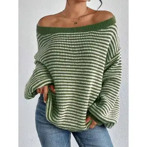 Women's Striped Print Drop Shoulder Sweater, Casual Long Sleeve Boat Neck Jumper for Fall & Winter, Fashion Ladies' Knitwear for Daily Wear(Sheets)