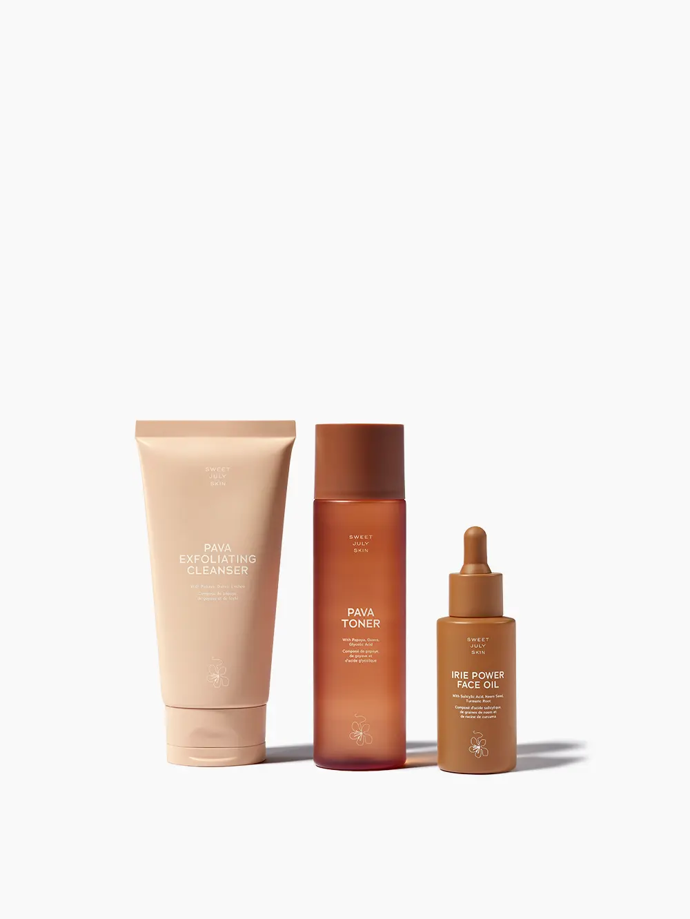 Sweet July Skin The Essentials Set - Pava Exfoliating Cleanser, Pava Toner, & Irie Power Face Oil - Balanced Skin Care Routine