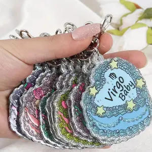 1pc Glitter Heart Zodiac Cake Keychain – Sparkly Charm for Bags & Keys