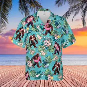 Tropical Summer Bigfoot Full-Print Hawaiian Shirts, Sasquatch Monstera Pattern Casual Hawaiian Shirts, Funny Flamingo Float Vacation Design, Stylish Aloha Summer Daily Wear for All Seasons # TikTokMadeMeBuyIt # SummerVibes # Bigfoot # Sasquatch # Tropical