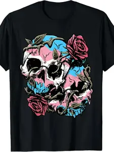 Transgender Pride Trans Flag T-Shirt with Skull & Roses Graphic - Subtle LGBTQ Design, Unisex for men & women, 220gsm Pure Cotton, Retro Casual Wear with Trans Flag Colors (,, Oak/) - Year-Round Comfortable Tee