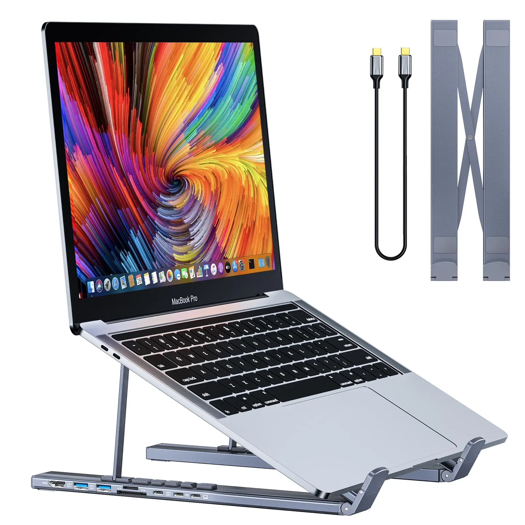 7-in-1 Laptop Stand with USB HUB, Multifunctional Laptop Computer Stand with SD/TF Slots, Foldable Monitor Riser Laptop Holder, Tablet & Computer Acce