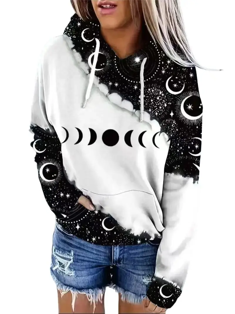 Plus Size Clothes,Women's Drop Shoulder Moon Star Print Graphic Drawstring Hoodie Sweatshirt Pullover