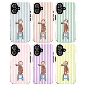 Cute Curious George Monkey iPhone Case | Pastel Stripe Kawaii Animal Phone Cover | Funny Kids Art for iPhone 7 8 X 11 12 13 14 15 16 and Samsung S21 S22 S23 S24