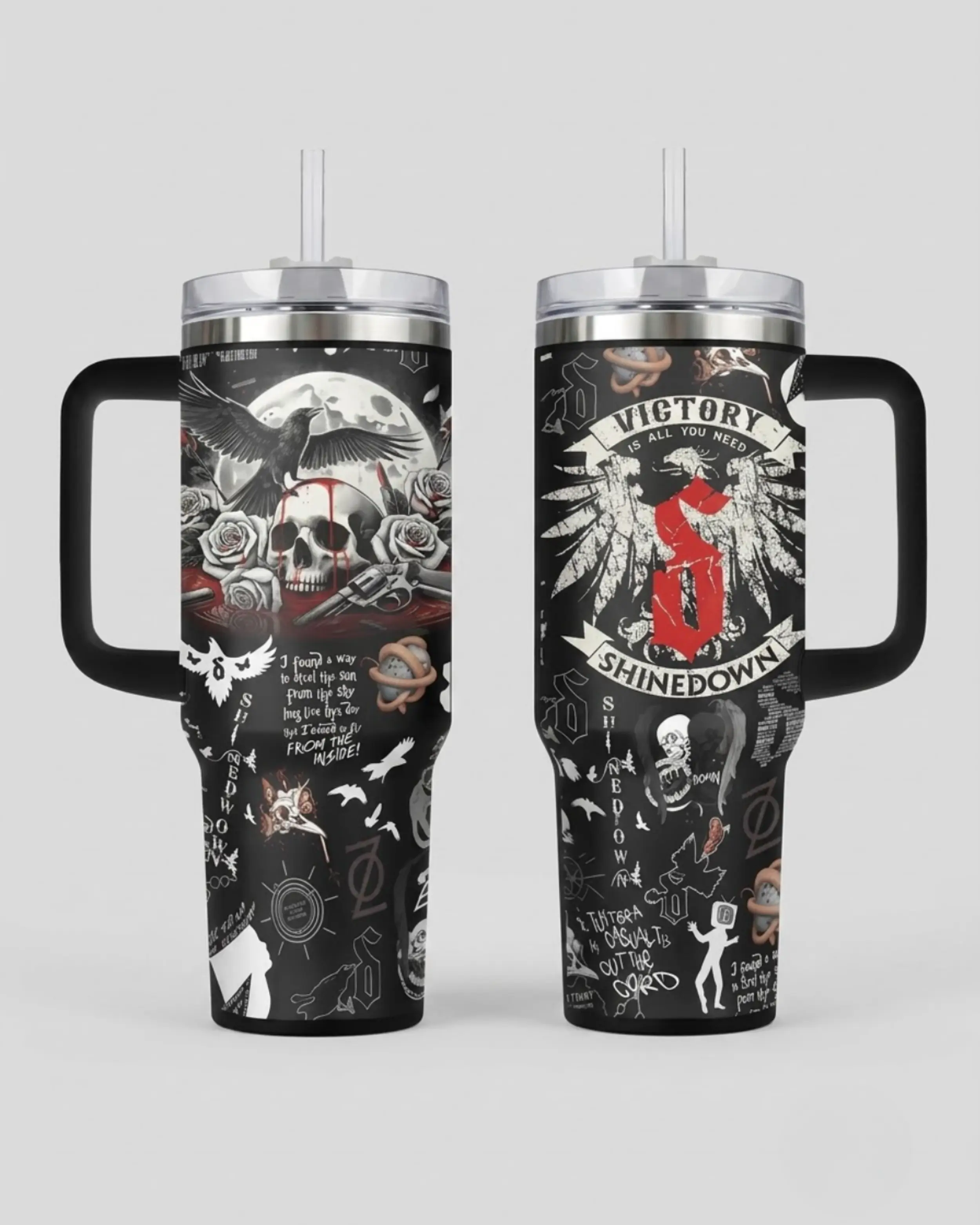 Victory Skull Dark Rock Insulated Stainless Steel Tumbler - 40oz/20oz with Handle & Lid, Portable Travel Cup, Gothic Music Lover Home Supplies Gift (Straw Not Included)