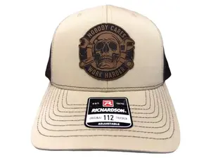 Engraved Leather Patch Hat – Nobody Cares Work Harder Trucker Cap for Blue Collar Workers | Adjustable Snapback Job-Site Gift