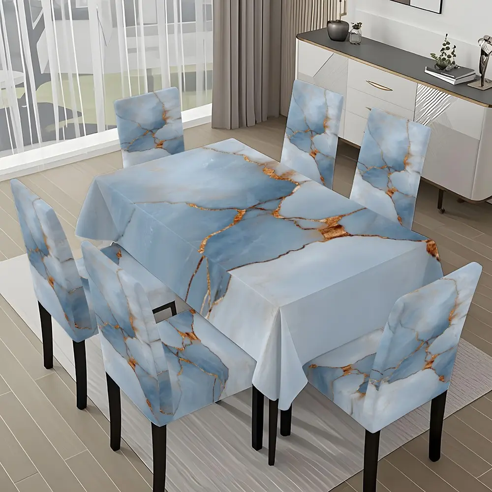 5/7-piece 2D Flat Printing Blue and Gold Cracked Texture Printing Pattern Tablecloth and Chair Covers Set, for dining table and chair decoration, perfect for home, holiday gatherings, restaurants, and parties.