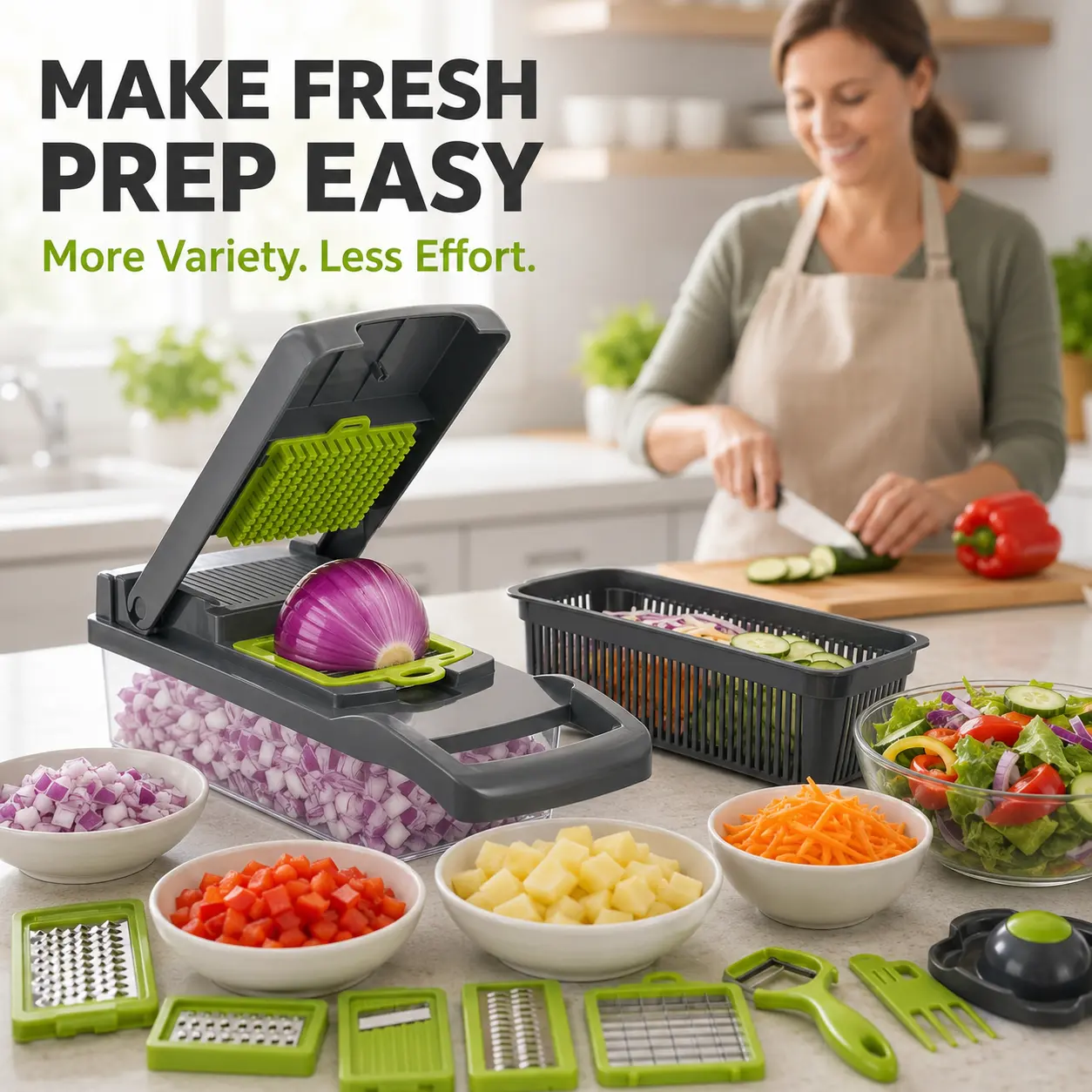 16-in-1 Vegetable Chopper and Dicer with Container, Stainless Steel Manual Food Chopper for Onion Potato Fruit, Cabbage Shredder Cheese Grater Mandoline Slicer French Fry Cutter Kitchen Gadget with Storage Box