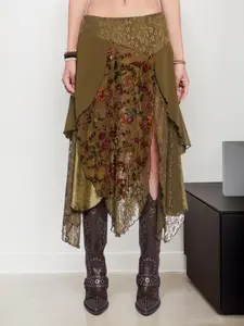 Women's Floral Lace Skirt, Vintage Sweet Skirt, Retro Asymmetrical Skirt, Boho Casual Skirts for Daily Wear, Ladies Bottoms for All Seasons