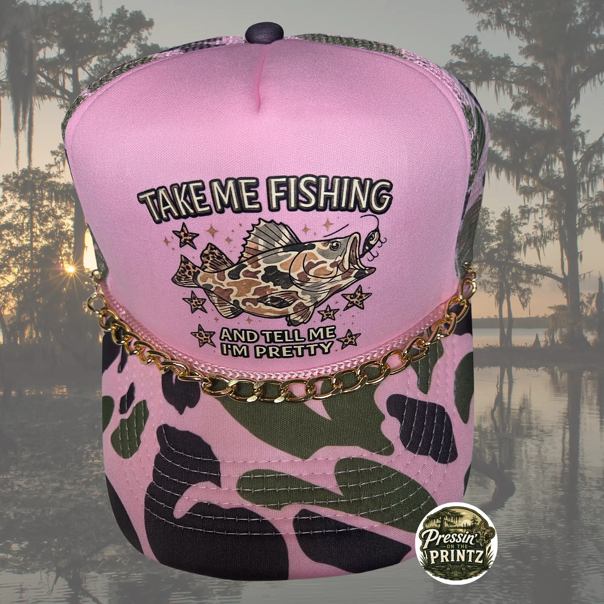 Take Me Fishing & Tell Me I’m Pretty Trucker Hat | Camo Fish Graphic Hat | Southern Fishing Hat