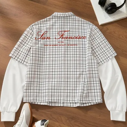 Men's Plaid Fake Two-Piece Shirt, Streetwear Shirts, Casual Long Sleeve Lapel Check Top, Suitable For Streetwear And Daily Commute