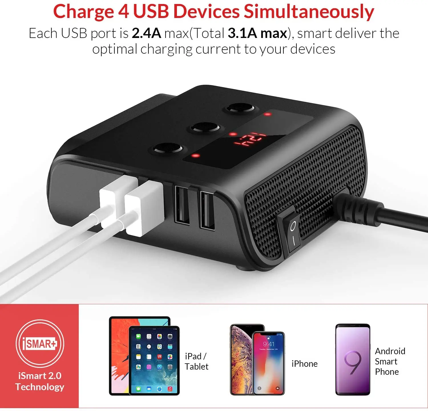 3-Socket Cigarette Lighter Splitter Car Charger Adapter - 100W 3.1A USB Power  Outlet with Independent Switch, Voltage Monitor, and Universal 12V/24V  Compatibility