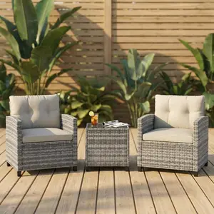 3-Piece Wicker Patio Bistro Set – Gradient Rattan Outdoor Chairs with Cushions & Side Table – Compact All-Weather Conversation Furniture for Balcony, Porch, Yard, or Backyard