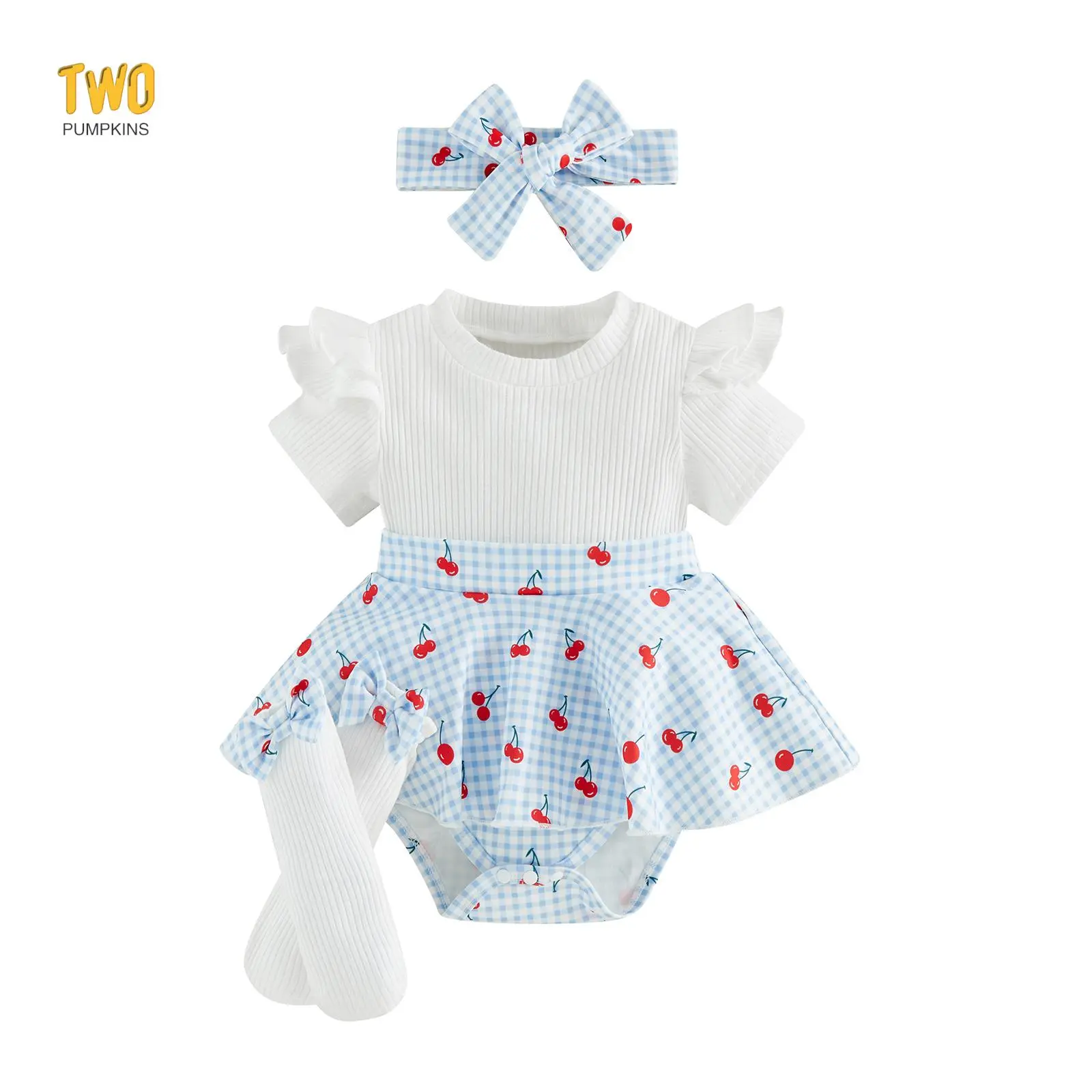Baby Girl Romper Dress Plaid/Cherry Print Patchwork Short Sleeve Jumpsuit with Cute Headband Socks Set