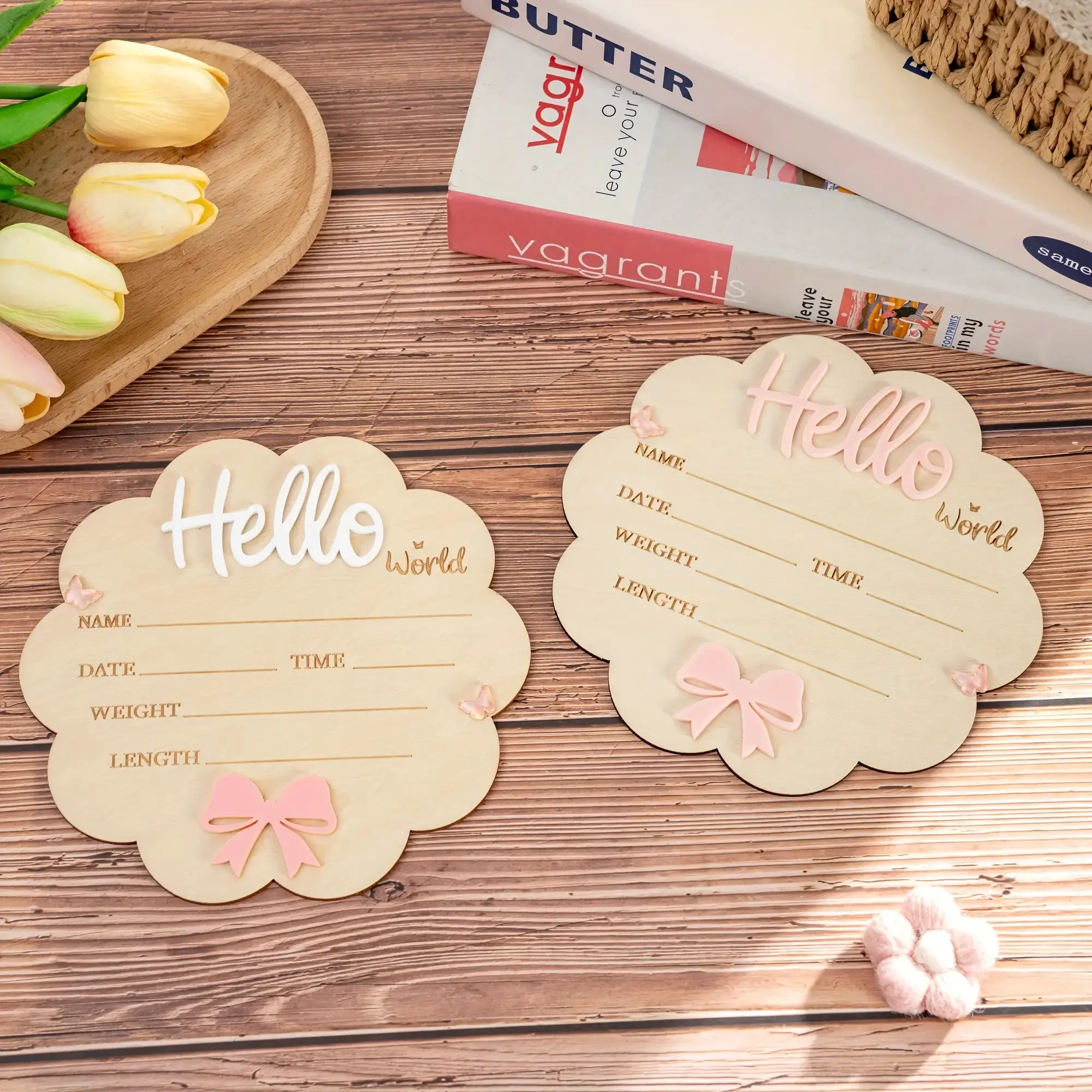 Wooden Flower Shape Birth Announcement Board, Baby Shower Decor, Perfect Photo Prop Gift, Home and Office Display, Baptism Present