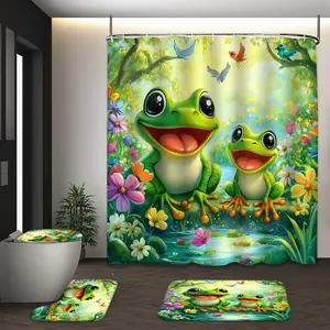 LVRLVR 4Pcs Cute Frog Flower Forest Nature Print Cartoon Whimsical Multi-Color Shower Curtain Set 70.8×70.8 Inch