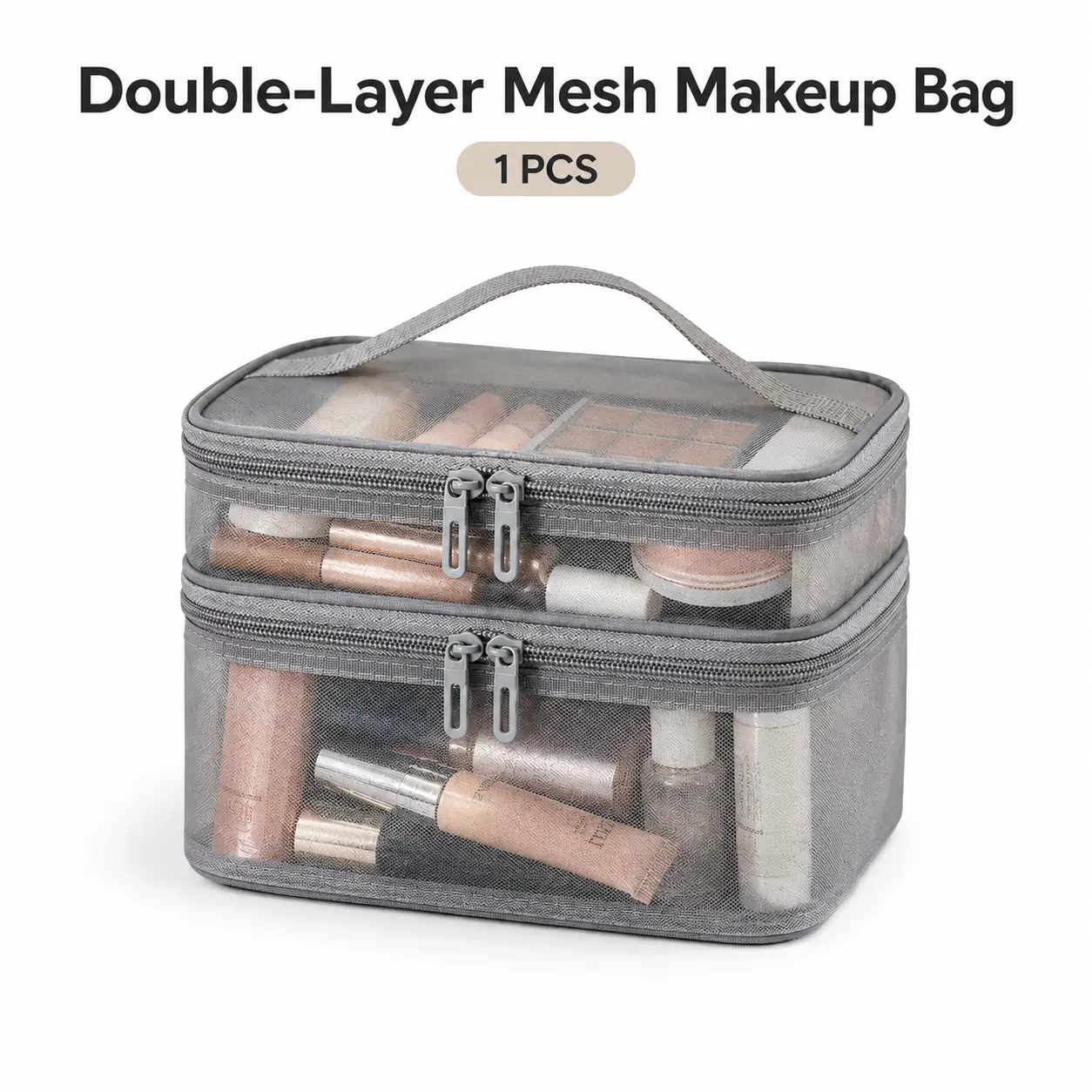 Large Capacity Nylon Mesh Makeup Bag, Multi-Compartment Portable Cosmetic Organizer for Skincare, Beauty Essentials, Daily Storage, Travel & Vacation