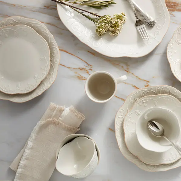 Lenox 852578 French Perle 12-Piece Dinnerware Set - Microwave Safe, Service for 4, Textured Dot Round Plates