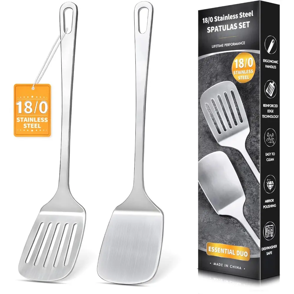 Stainless Steel Spatula Set - Durable Metallic Steel Cooking Turners with Handle, Heavy-Duty Solid & Slotted, High Heat-Resistant Food Safe Spatulas, Easy-to-Clean Silver Kitchen Cooking Accessories for Fish, Eggs