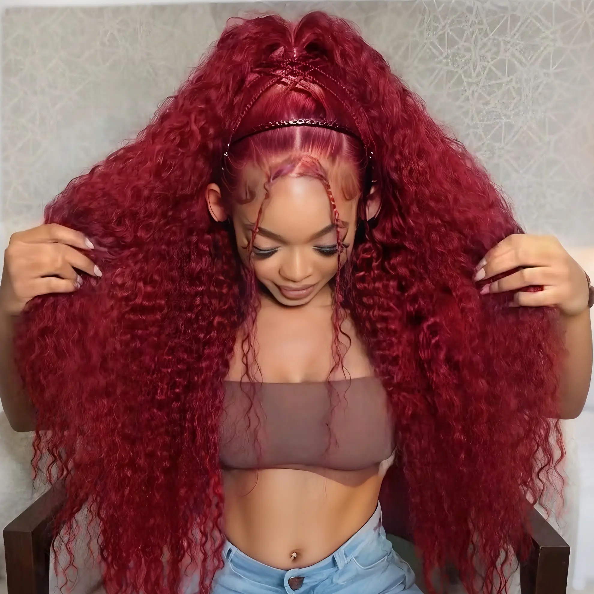 99j Burgundy Deep Wave Lace Front Wigs Human Hair 99j 13x6 HD Lace Front Wigs Human Hair 180 Density Deep Wave Wig Pre Plucked Red Colored Curly Wig for Women