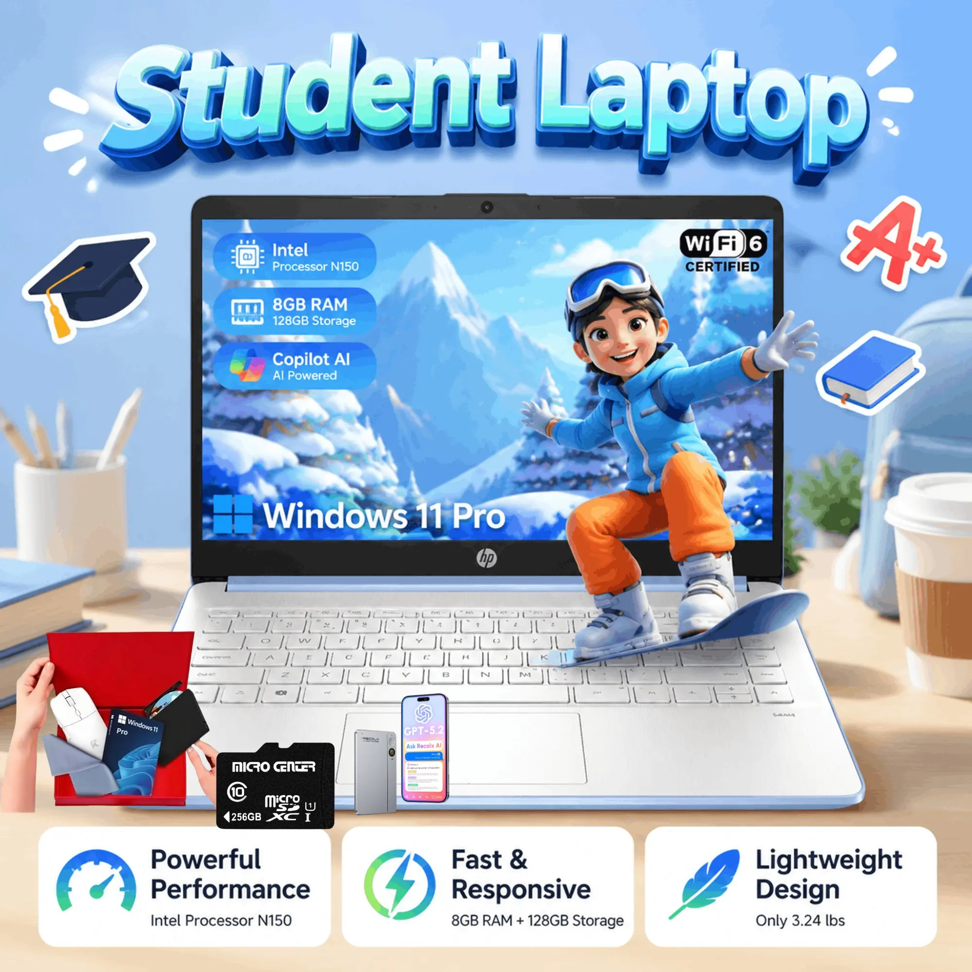 HP 14 Inch Blue Slim Lightweight Student Laptop | Intel N150 Up to 3.6GHz,8GB RAM 128GB Storage,Windows 11 Pro+Microsoft 365, Perfect for Back‑to‑School & Everyday Work, Accessory Bundle Included