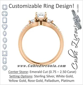 Cubic Zirconia Engagement Ring- The Karen (Customizable Enhanced 3-stone Design with Emerald Cut Center, Dual Trillion Accents and Wide Pavé-Split Band)