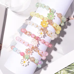 Girls' Crystal Beaded Daisy Bracelet - Colorful Elastic Glass Stretch Jewelry for Students