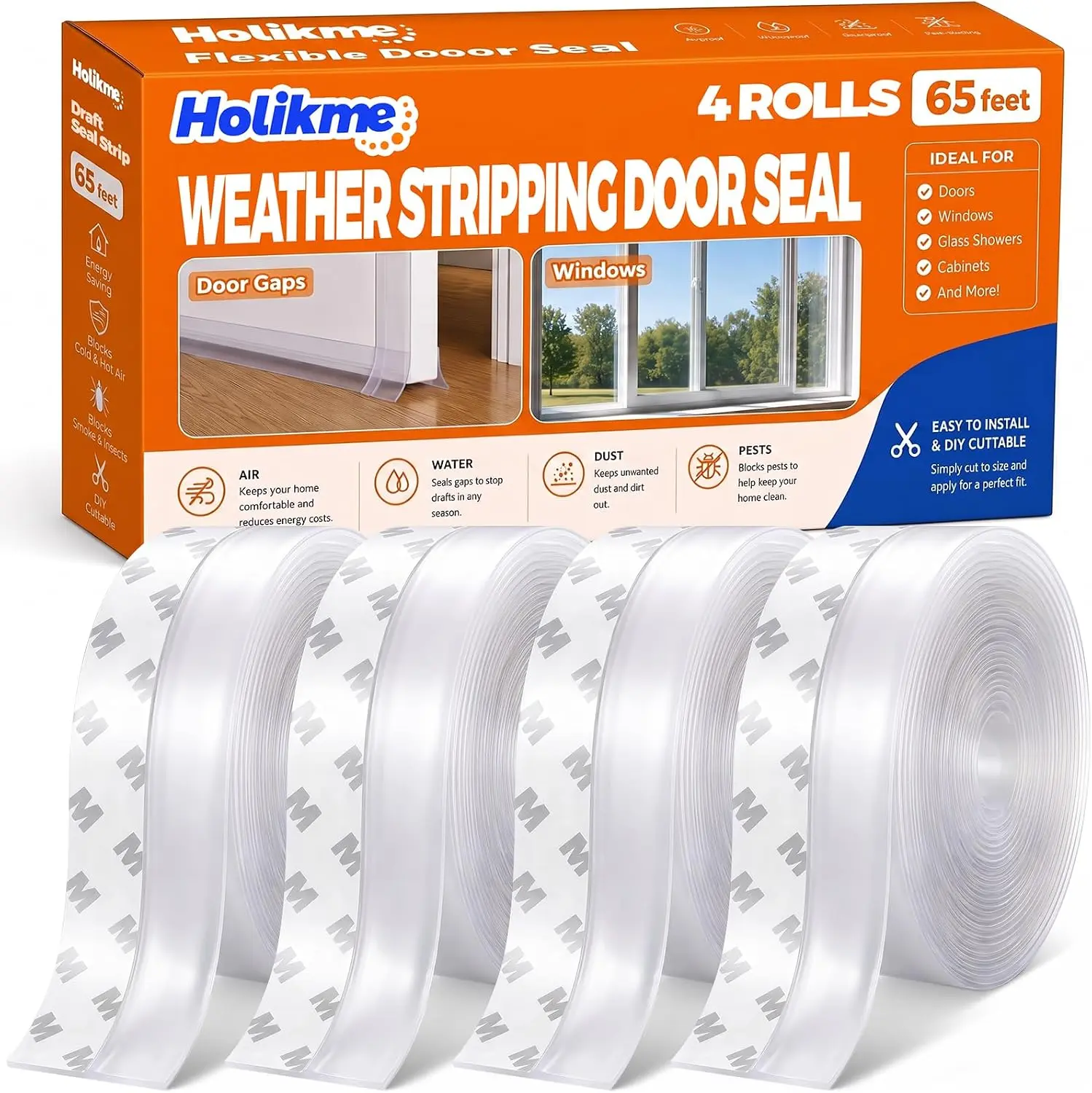 Holikme 65FT Transparent Door Seal Tape, 4-Roll Door Weather Stripping, Strong Adhesive Draft Stopper to Block Cold Drafts, Seal Gaps & Reduce Air Leaks, Dust & Wind for Doors, Windows & Shower Doors