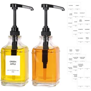 16oz Coffee Syrup Dispensers for Coffee Bar 2Pack, 480ml Glass Syrup Dispensers with Pumps and Stickers for Ketchup,Water and Lotion