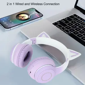 Cat Ear Bluetooth Gaming Headphones Wireless Foldable Music Headphones with LED Lights Detachable Microphone 3.5mm  Purple