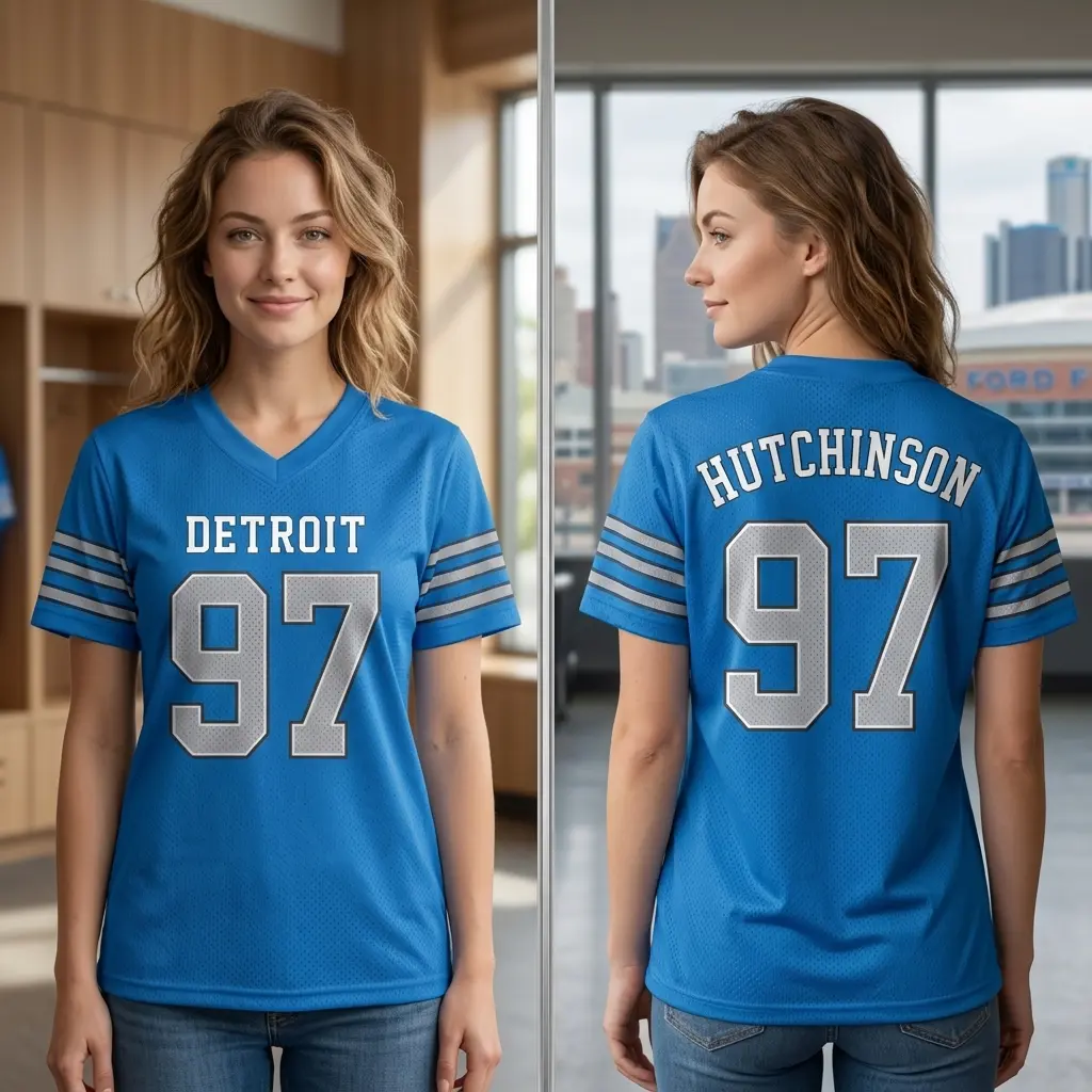 Hutchinson Detroit Football Jersey, Motor City Classic Blue Mesh Breathable Fabric with Silver Accents #97, Perfect Gift for Football Fan