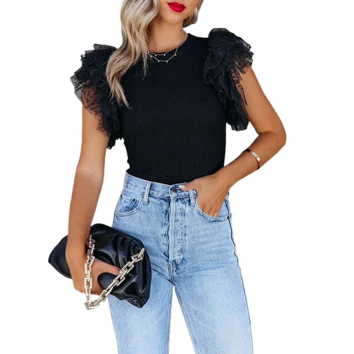 Znacicc Women's Casual Dotty Mesh Ruffle Short Sleeve Solid Color Crewneck Knit Top, Cute Style - Womenswear, Knitwear
