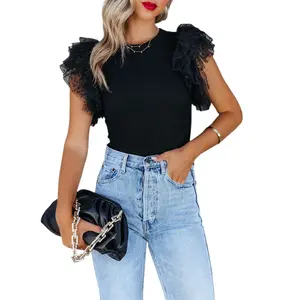 Znacicc Women's Casual Dotty Mesh Ruffle Short Sleeve Solid Color Crewneck Knit Top, Cute Style - Womenswear, Knitwear