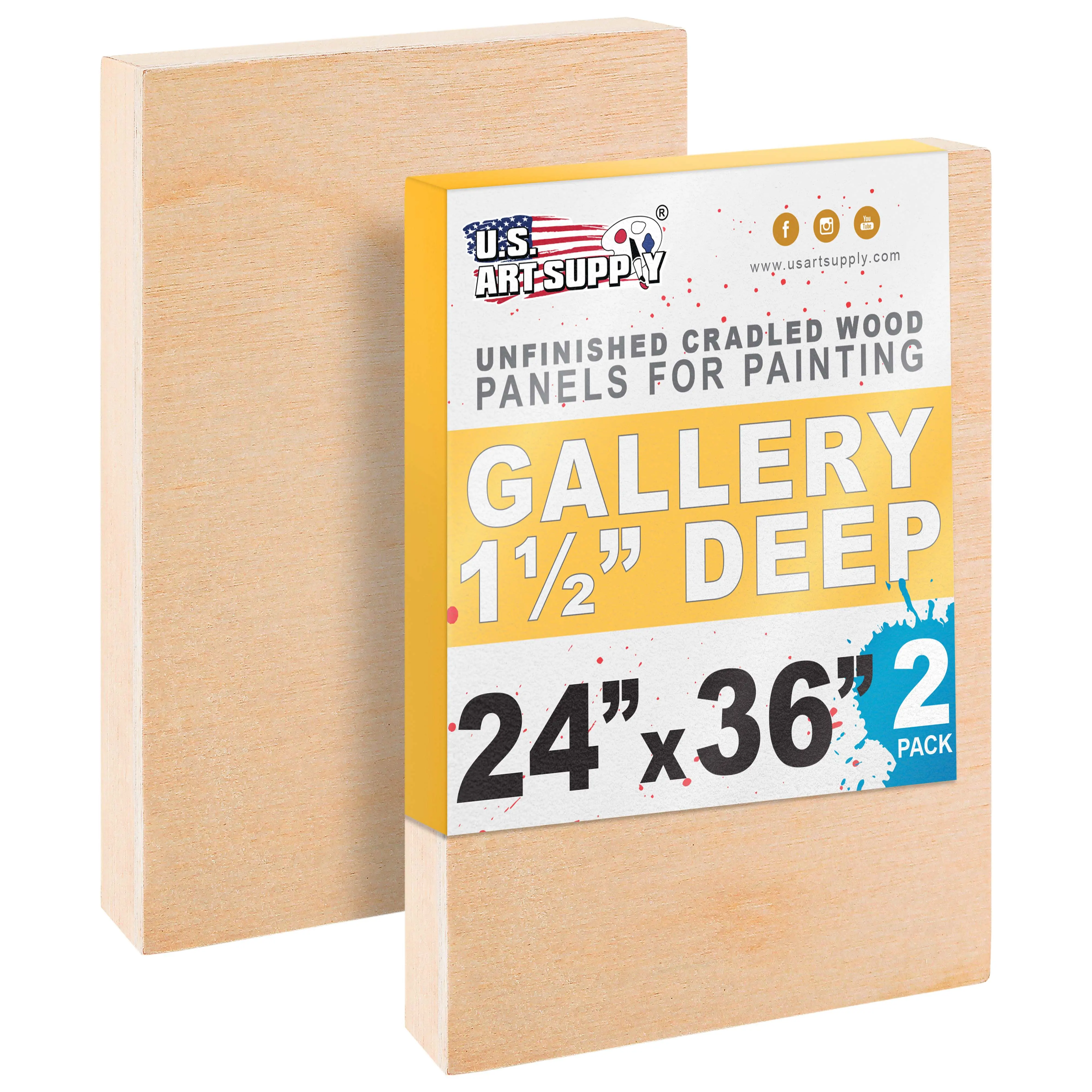 Unfinished Cradled Wood Panels for Painting, 2 Pack of 24x36 inch - Gallery Birch Wooden Canvas Boards 1-1/2" Deep - Mixed-Media Craft, Acrylic, Oil, Encaustic, Paint Pouring