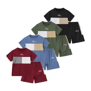#SummerVibes 8-Piece Boys' Spring/Summer Color-Blocked Patchwork Fashion Letter Print Short-Sleeve Shorts Set: Breathable and Comfortable Summer Casual Sportswear for Boys